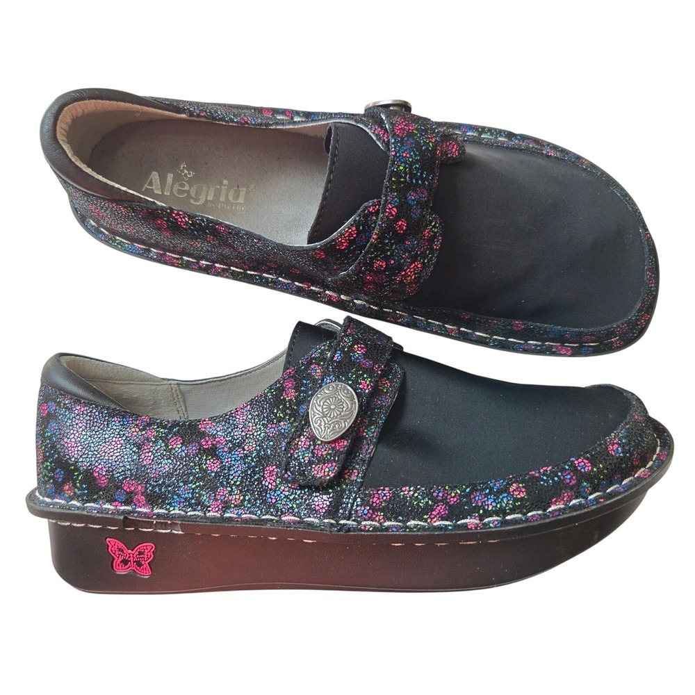 Alegria DEN-489 Black Floral Leather Mary Jane Comfort Shoes EU 41 US 10.5/11